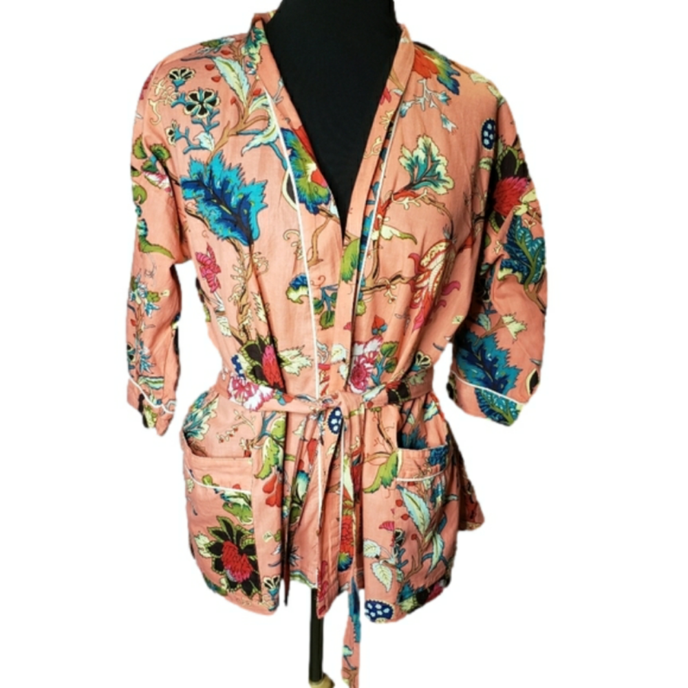 Coral pink & floral light beach wrap kimono style robe with belt